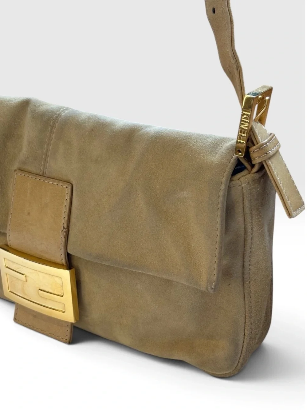 Fendi FF Logo Buttery Soft Camel Suede Baguette Bag Tan Gold